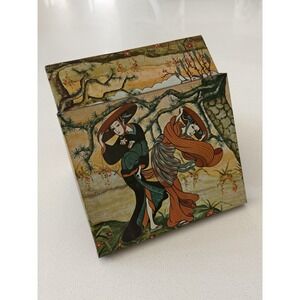 Vintage 1970s Ceylon Tea Tin Metal Box Hinged Lid Japanese Women Graphics